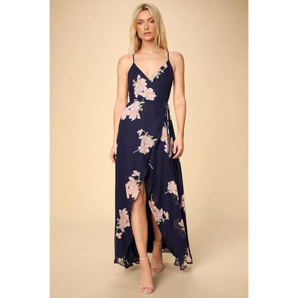 Lulus Loiselle Navy Blue Floral Print Polka Dot Wrap Maxi Dress